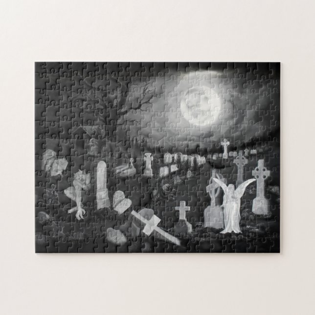 Puzzle Por la noche en el cementerio - Ángel con el diabl (Horizontal)