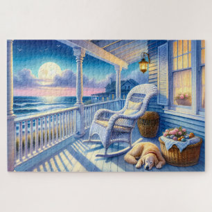 Puzzle Pórtico costero iluminado por la luna con perro y