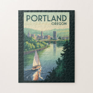 Puzzle Portland Oregon Skyline Travel Art Vintage