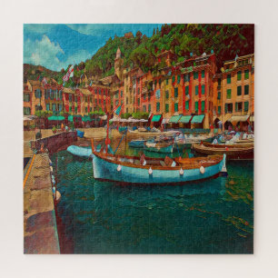 Puzzle PORTOFINO - Italia - pequeña plaza - puerto depor