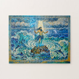 Puzzle Poseidón sobre rocas marinas con tridente y delfin