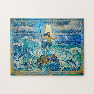 Puzzle Poseidón sobre rocas marinas con tridente y delfin
