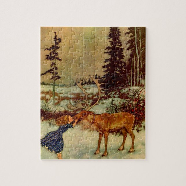 Puzzle Postal chica y reno (Vertical)