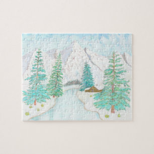Puzzle Póster brillante de invierno y siempreverdes