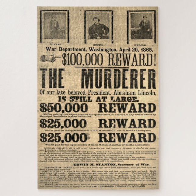 Puzzle Poster de John Wilkes Booth Wanted Original (Vertical)