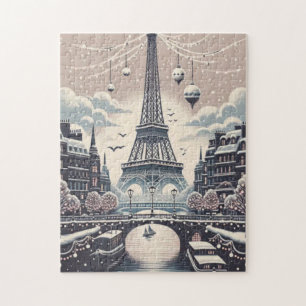 Puzzle Póster de Navidad de París - Torre Eiffel nevada d