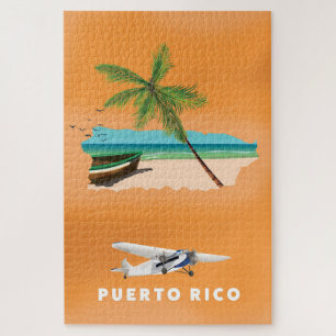 Puzzle Póster de viaje con mapa ilustrado de Puerto Rico.