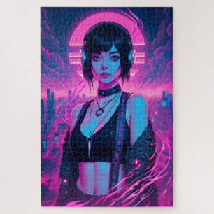 Puzzle Poster del Chica Neon Retro de Rock Ciber Punk