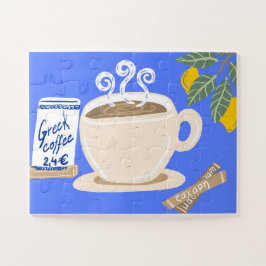 Puzzle Póster mediterráneo de café griego y rama de limón