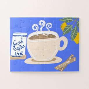 Puzzle Póster mediterráneo de café griego y rama de limón