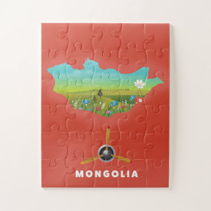 Puzzle Póster turístico de mapa ilustrado de Mongolia.