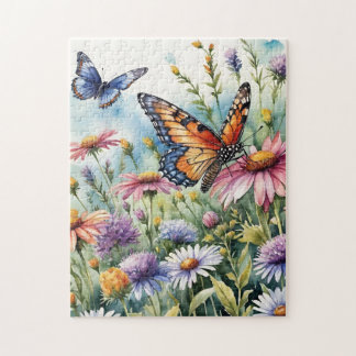 Puzzle Pradera de flores silvestres de mariposas en acuar