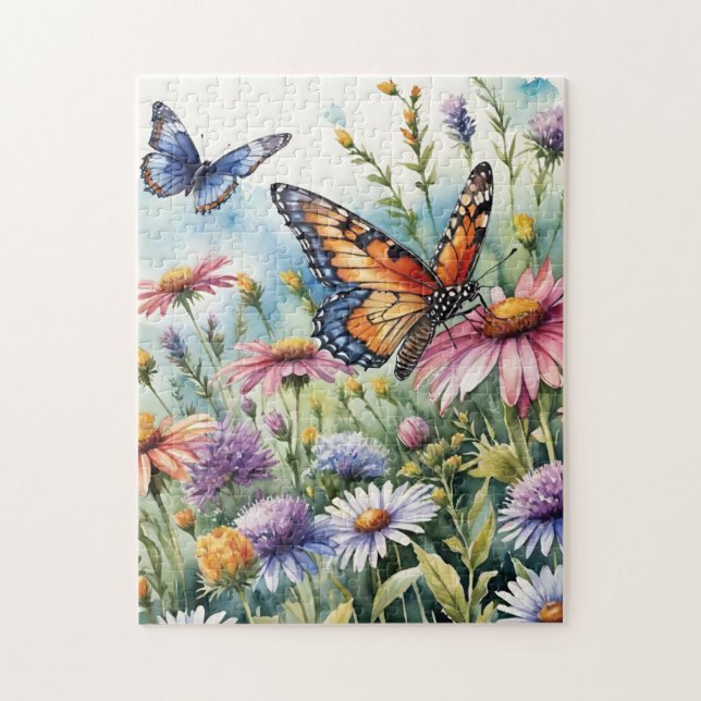 Puzzle Pradera de flores silvestres de mariposas en acuar (Vertical)