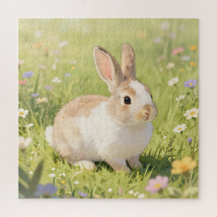 Puzzle Prado de flores silvestres con adorable conejo esp
