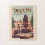 Puzzle Praga República Checa Vintage<br><div class="desc">Diseño de viaje vectorial retro de Praga. Praga,  capital de la República Checa,  está dividida por el río Vltava. Llamada "la ciudad de las cien arañas",  es conocida por su Plaza del Casco Antiguo.</div>