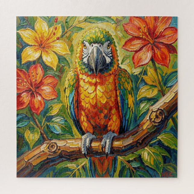 Puzzle Pretty Colorful Impasto Parrot and Tropical Flower (Vertical)