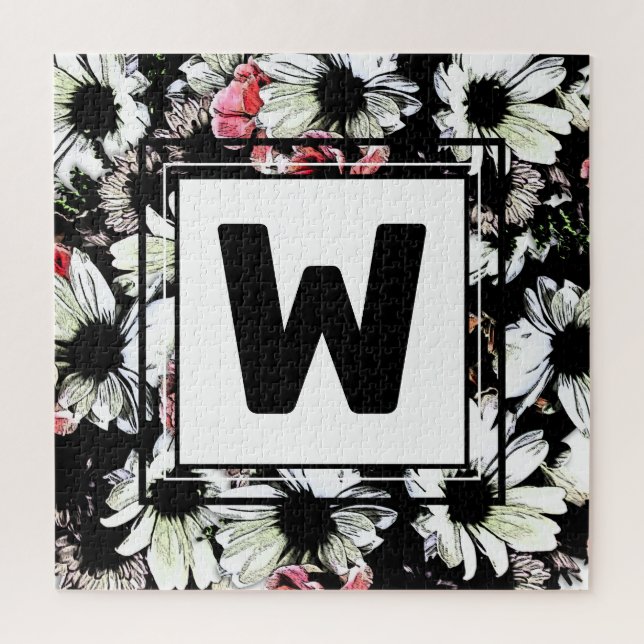 Puzzle Pretty Daisy Flowers Black Monogram Family Wedding (Vertical)