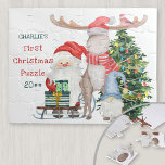 Puzzle Primeras Santa y ayudantes de Navidad personalizad<br><div class="desc">Rompecabezas personalizado para un niño pequeño o la primera navidad de un chica. El diseño incluye a Santa Claus y sus ayudantes, un árbol de navidad decorado, un gnomo y un trineo con regalos envueltos. El texto dice "[nombre] Primer rompecabezas de Navidad [año]" y la plantilla está preparada para su...</div>