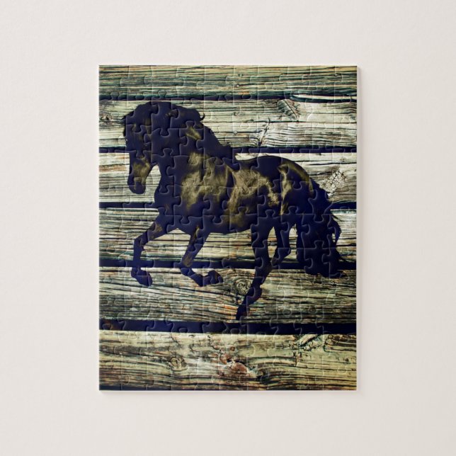 Puzzle Primitive BarnWood Caballo de Stallion negro ecues (Vertical)