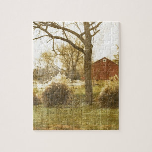 Puzzle Primitive Country Tree Farm Red Cabin in the woods