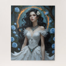 Princesa de fantasía con Rosas azules y Halo feroz