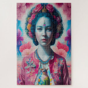 Puzzle Princesa de flores azules con chaqueta rosa