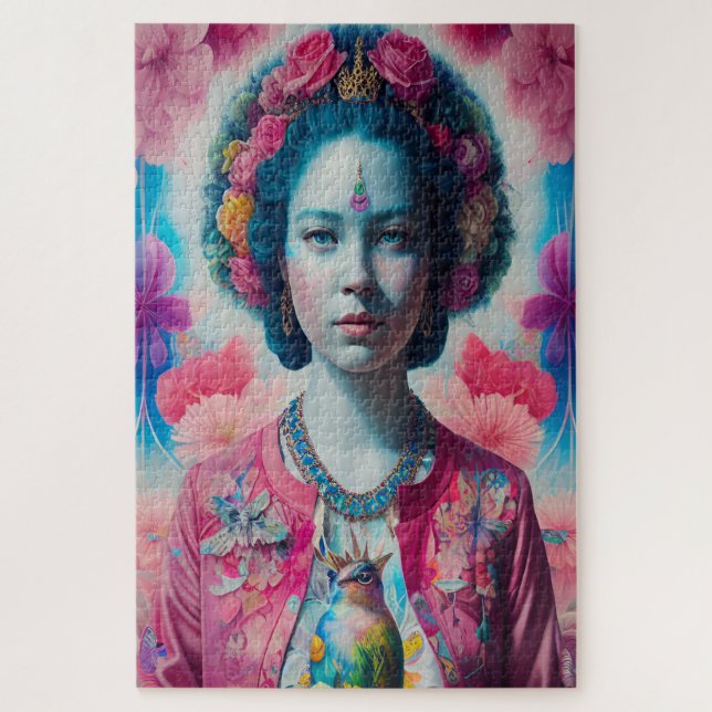 Puzzle Princesa de flores azules con chaqueta rosa (Vertical)