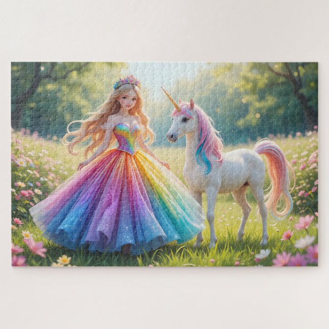 Puzzle Princesa encantada con vestido de arcoíris y unico (Horizontal)