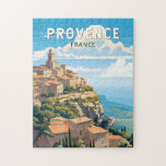 Puzzle Provenza Francia Viaje de arte Vintage<br><div class="desc">Diseño de viajes vectoriales retro de Provenza. La Provenza es una región histórica y cultural del sureste de Francia. Conocido por sus diversos paisajes,  desde las llanuras de los Alpes y la Camarga hasta los viñedos,  olivares,  bosques de pinos y campos de lavanda.</div>