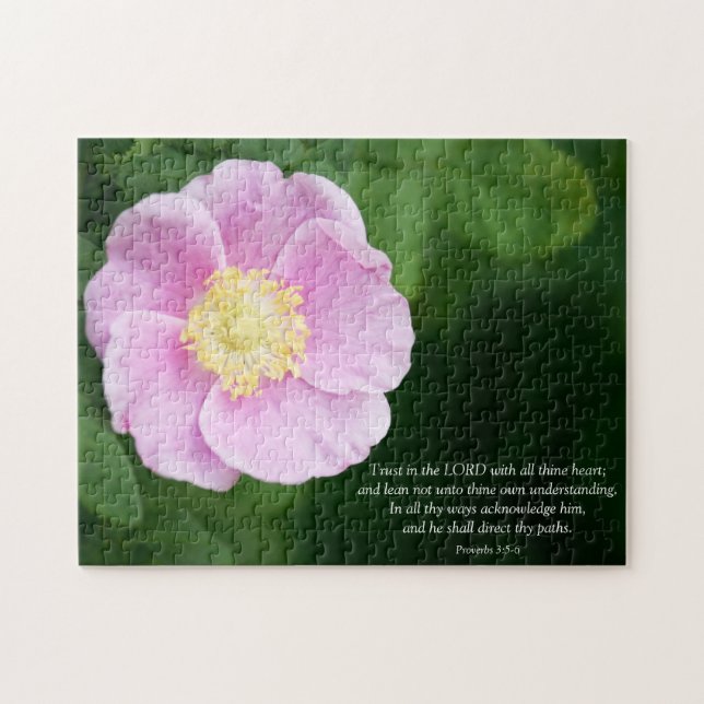 Puzzle Proverbios 3:5-6 Biblia cristiana versus flor rosa (Horizontal)