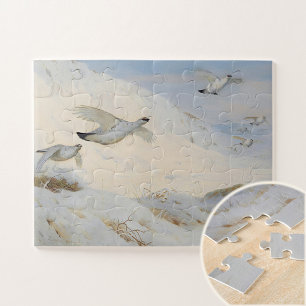 Puzzle Ptarmigan en plumaje invernal, volando sobre la ni
