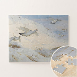 Puzzle Ptarmigan en plumaje invernal, volando sobre la ni