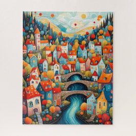 Puzzle Pueblo Colorido de Arte Folclórico junto al Río