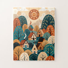 Puzzle Pueblo de Arte Folclórico Escandinavo - Otoño Hill
