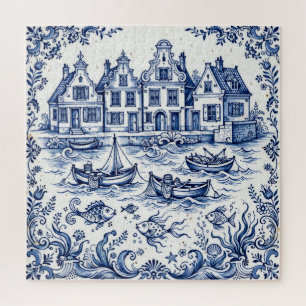 Puzzle Pueblo de Delft y puerto de pesca Cobalto Azul Bla