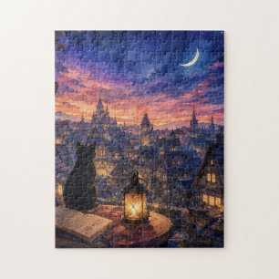 Puzzle Pueblo de Fantasía bajo la Luz de la Luna