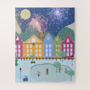 Puzzle Pueblo de invierno de Navidad patinadores sobre hi