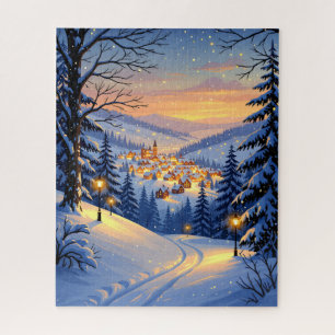 Puzzle Pueblo de nieve al atardecer con lámparas de calle