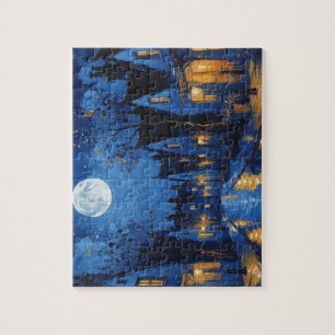 Puzzle Pueblo de noche con luces y faroles