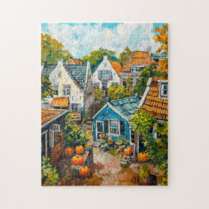 Puzzle Pueblo de otoño con calabazas y cabañas Pintura