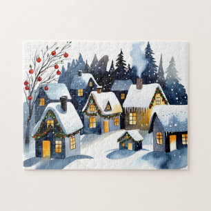 Puzzle Pueblo invernal nevado acogedor Navidad acuarela