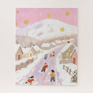 Puzzle Pueblo invernal nevado, niños jugando, tonos rosad