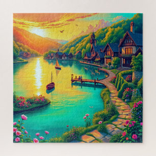 Puzzle Pueblo junto al lago al atardecer
