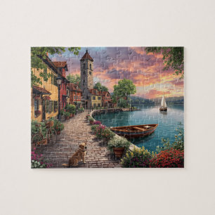 Puzzle Pueblo junto al Lago al Atardecer Perro