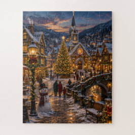 Puzzle Pueblo navideño nevado al anochecer