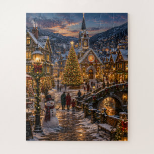 Puzzle Pueblo navideño nevado al anochecer
