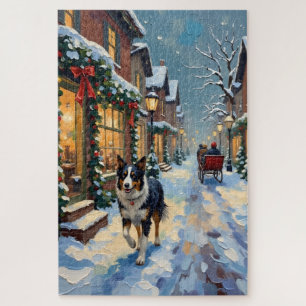 Puzzle Pueblo navideño vintage con Border Collie nevado