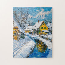 Pueblo nevado con arroyo y árboles Pintura de fant