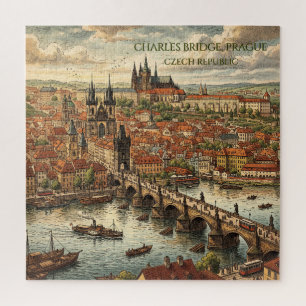 Puzzle Puente Carlos en arte de viaje vintage de Praga