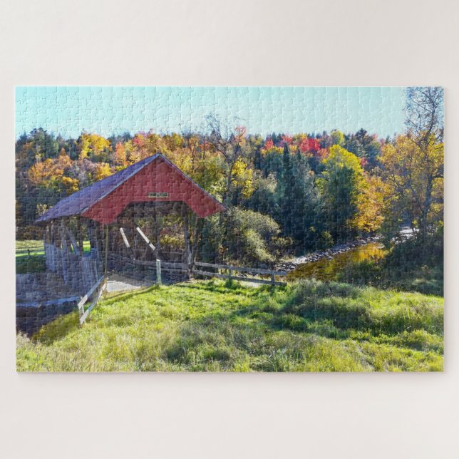 Puzzle Puente cubierto al azar en otoño, Vermont (Horizontal)